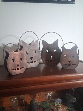 4pc Halloween Nesting Metal Cat Lantern Set Copper Patina Votive Candle Holders